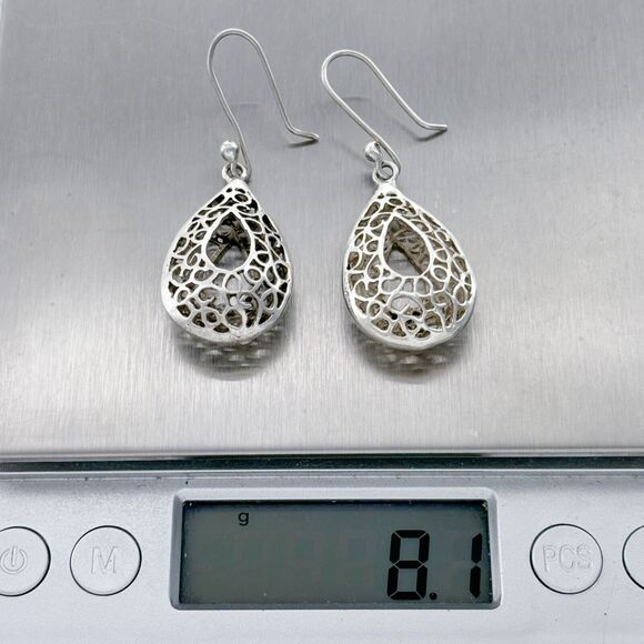 Vintage Sterling Silver 925 Filigree Teardrop Dangle Earrings - Picture 4 of 4